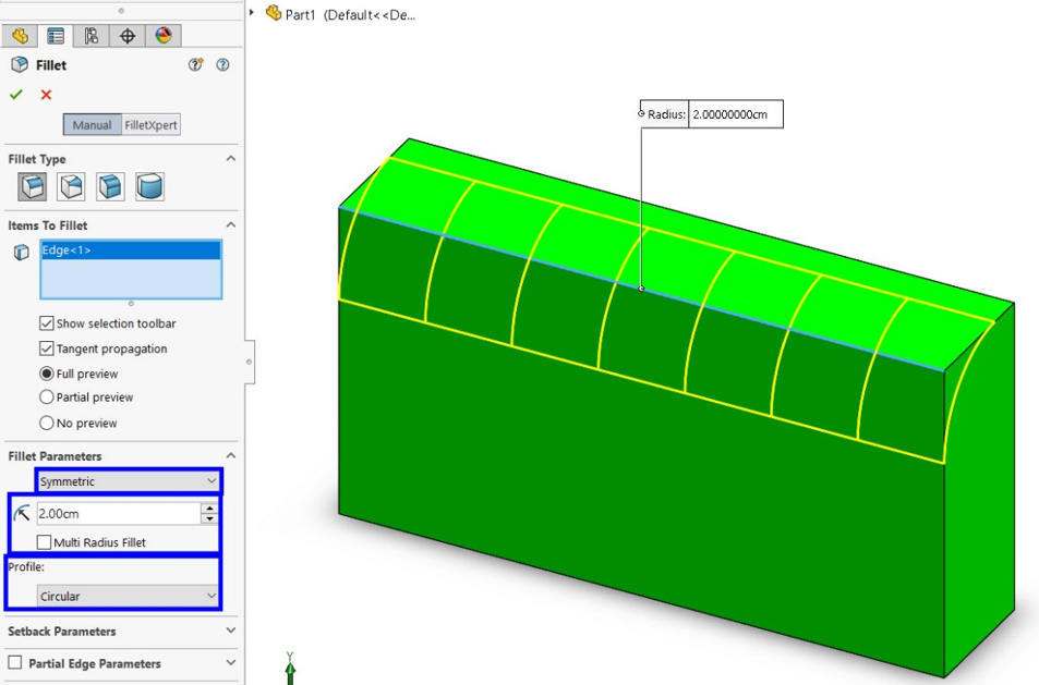 نحوه اعمال constant size fillet بصورت متقارن یا symmetric fillet در solidworks 2020